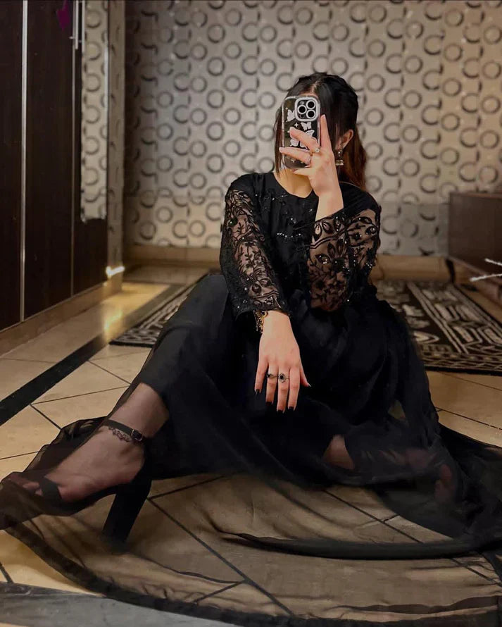 Party Wear Black Sequence Embroidered Maxi